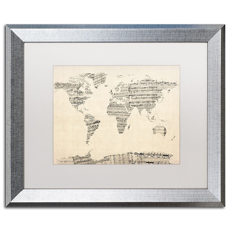 Trademark Fine Art ''Old Sheet Music World Map'' by Michael Tompsett 16" x 20" Silver Frame (MT0016-S1620MF) image 1
