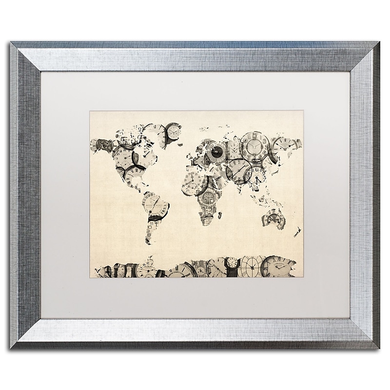 Trademark Fine Art ''Old Clocks World Map'' by Michael Tompsett 16" x 20" White Matted Silver Frame (MT0025-S1620MF) image 1