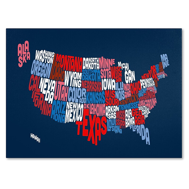 Trademark Fine Art ''USA States Txt Map 2'' by Michael Tompsett 12" x 19" Canvas Art (MT0240-C1219GG) image 1