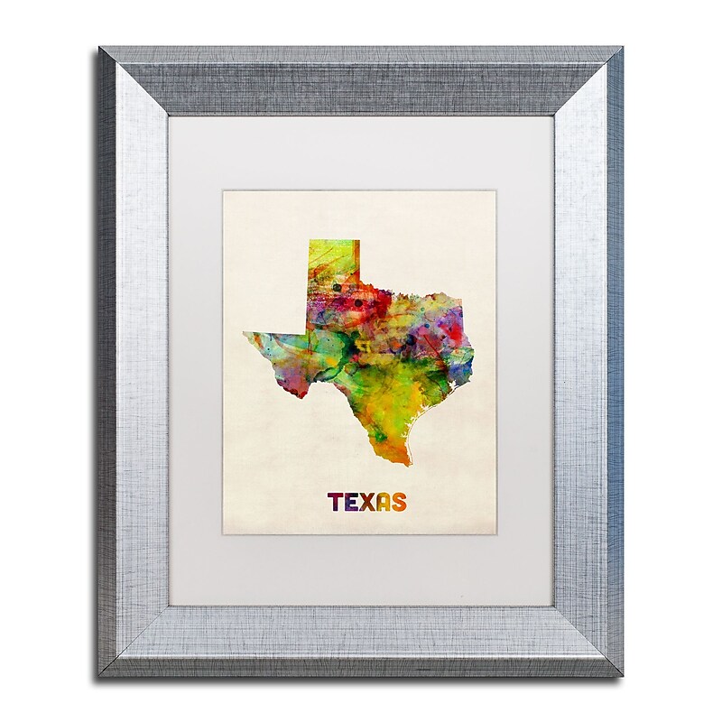 Trademark Fine Art ''Texas Map'' by Michael Tompsett 11" x 14" White Matted Silver Frame (MT0320-S1114MF) image 1