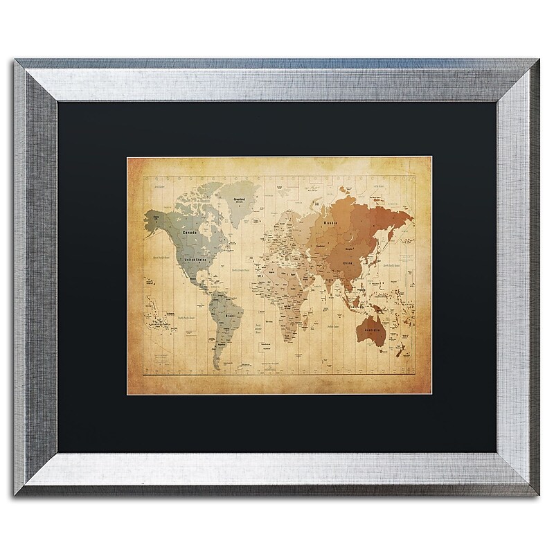 Trademark Fine Art ''Time Zones Map of the World'' by Michael Tompsett 16" x 20" Black Matted Silver Frame (MT0492-S1620BMF) image 1