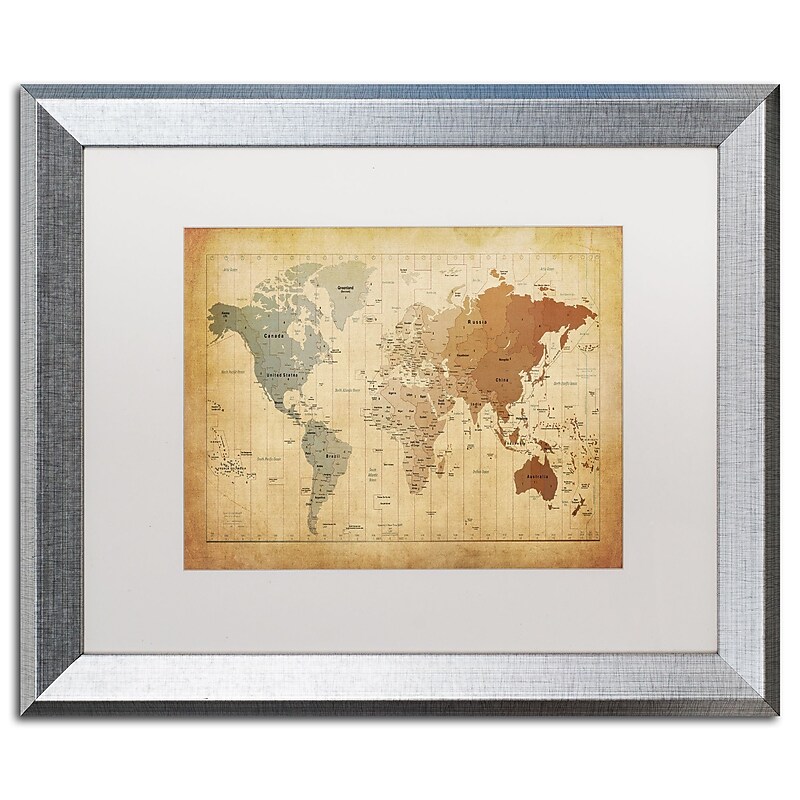 Trademark Fine Art ''Time Zones Map of the World'' by Michael Tompsett 16" x 20" White Matted Silver Frame (MT0492-S1620MF) image 1