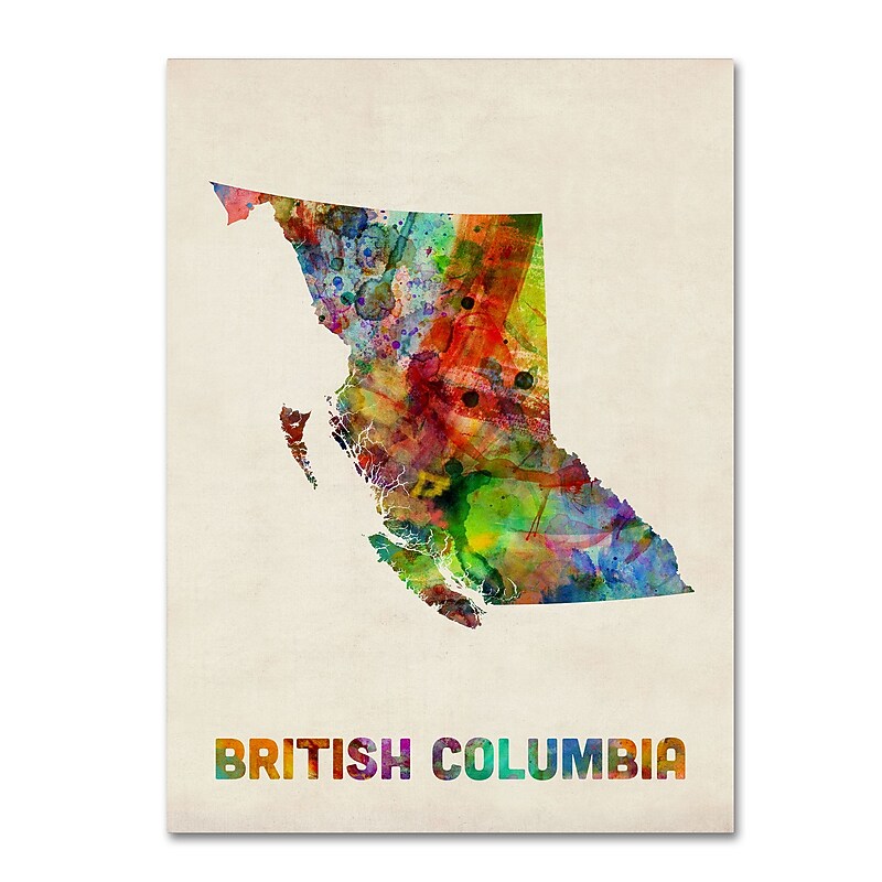 Trademark Fine Art ''British Columbia Watercolor Map'' by Michael Tompsett 18" x 24" Canvas Art (MT0503-C1824GG) image 1