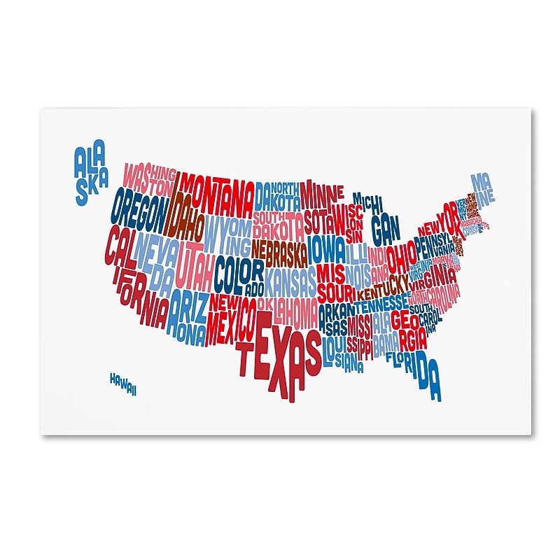 Trademark Fine Art ''United States Typography Text Map'' by Michael Tompsett 12" x 19" Canvas Art (MT0504-C1219GG) image 1