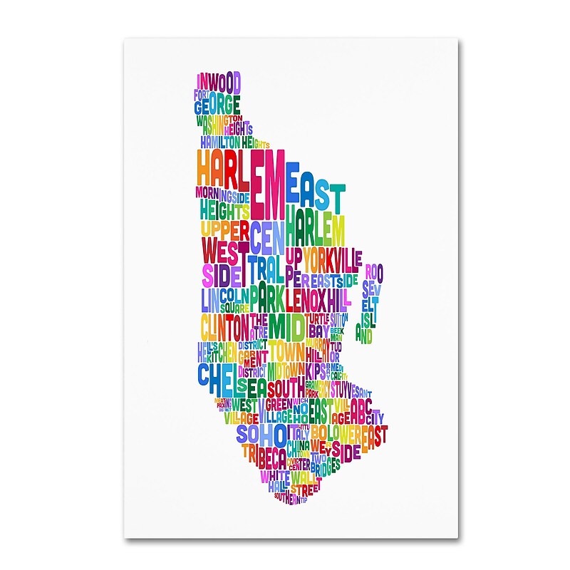 Trademark Fine Art ''Manhattan New York Typography Text Map'' by Michael Tompsett 12" x 19" Canvas Art (MT0505-C1219GG) image 1
