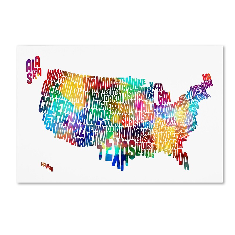 Trademark Fine Art ''United States Typography Text Map 2'' by Michael Tompsett 12" x 19" Canvas Art (MT0513-C1219GG) image 1