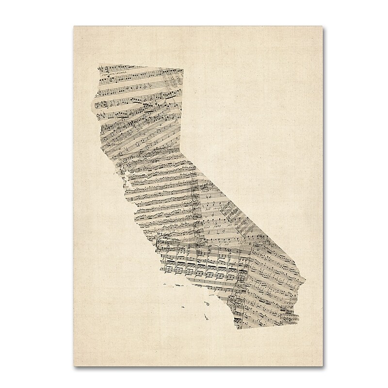 Trademark Fine Art ''Old Sheet Music Map of California'' by Michael Tompsett 35" x 47" Canvas Art (MT0527-C3547GG) image 1