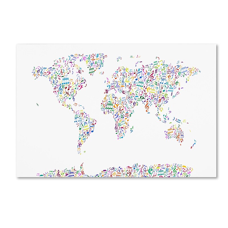 Trademark Fine Art ''Music Notes Map of the World'' by Michael Tompsett 12" x 19" Canvas Art (MT0723-C1219GG) image 1