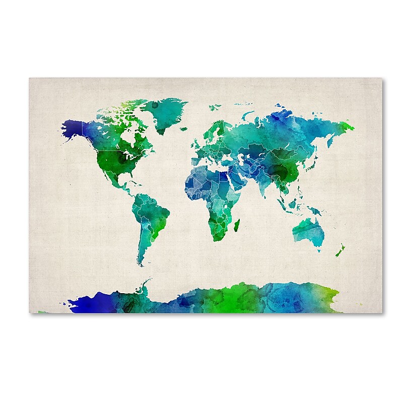 Trademark Fine Art ''Watercolor Map of the World'' by Michael Tompsett 22" x 32" Canvas Art (MT0724-C2232GG) image 1