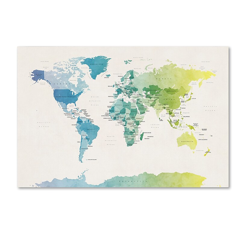 Trademark Fine Art ''Watercolour Political Map of the World 2'' by Michael Tompsett 30" x 47" Canvas Art (MT0726-C3047GG) image 1