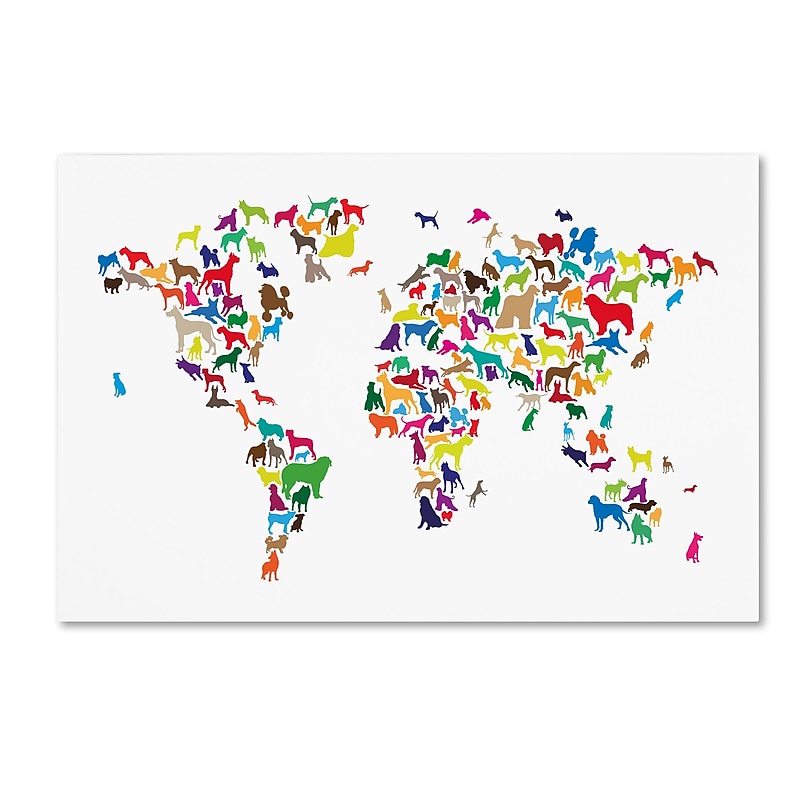 Trademark Fine Art ''World Map of Dogs 2'' by Michael Tompsett 22" x 32" Canvas Art (MT0731-C2232GG) image 1