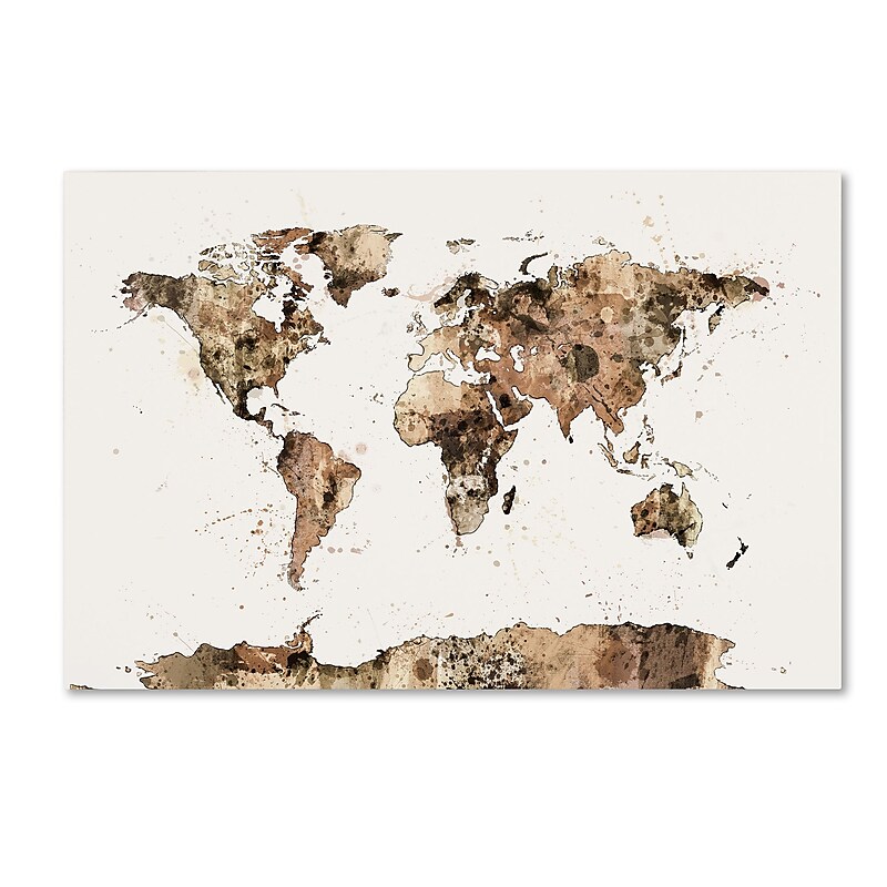 Trademark Fine Art ''Map of the World Sepia Watercolor'' by Michael Tompsett 30" x 47" Canvas Art (MT0733-C3047GG) image 1