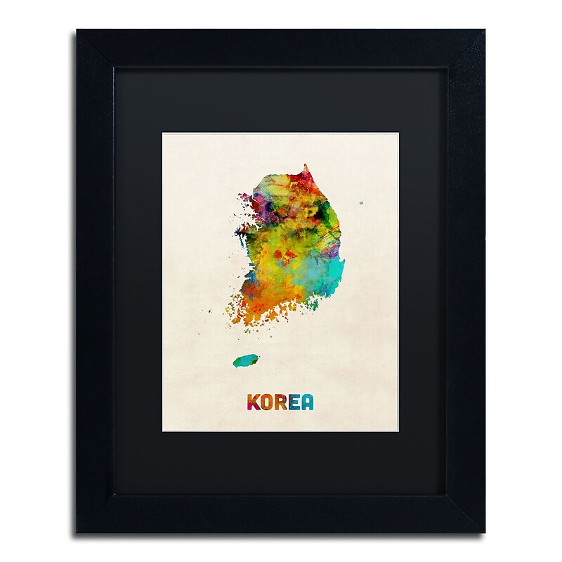 Trademark Fine Art ''Korea Watercolor Map'' by Michael Tompsett 11" x 14" Black Matted Black Frame (MT0736-B1114BMF) image 1
