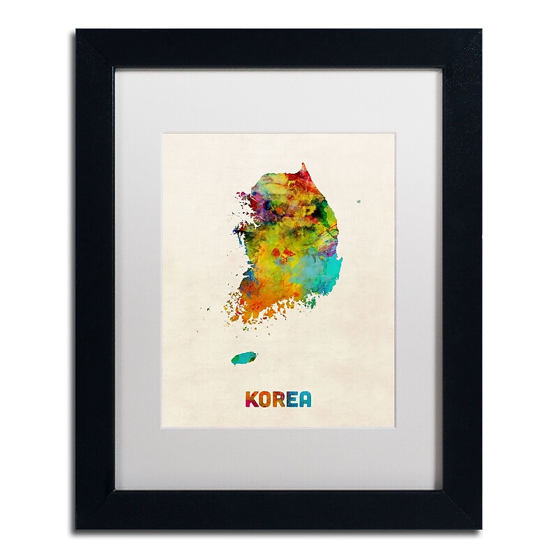 Trademark Fine Art ''Korea Watercolor Map'' by Michael Tompsett 11" x 14" White Matted Black Frame (MT0736-B1114MF) image 1