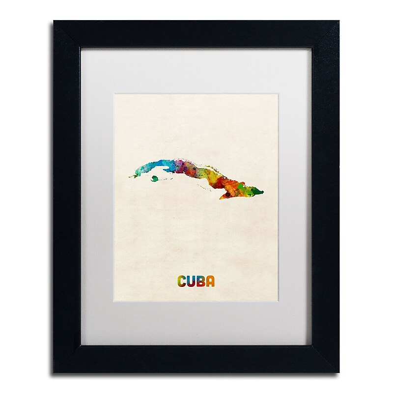 Trademark Fine Art ''Cuba Watercolor Map'' by Michael Tompsett 11" x 14" White Matted Black Frame (MT0737-B1114MF) image 1