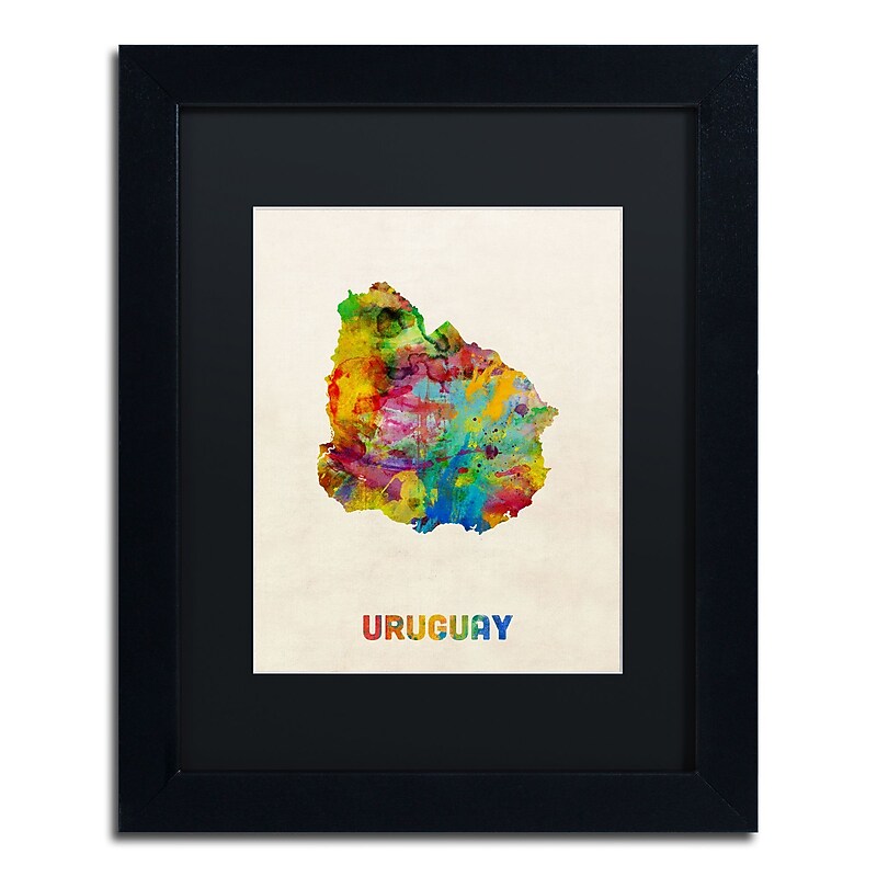 Trademark Fine Art ''Uruguay Watercolor Map'' by Michael Tompsett 11" x 14" Black Matted Black Frame (MT0738-B1114BMF) image 1