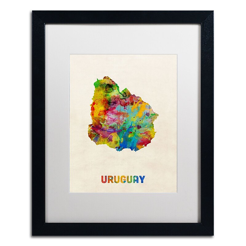 Trademark Fine Art ''Uruguay Watercolor Map'' by Michael Tompsett 16" x 20" White Matted Black Frame (MT0738-B1620MF) image 1