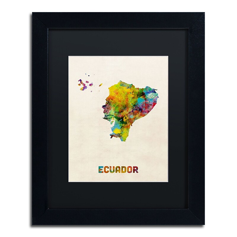 Trademark Fine Art ''Ecuador Watercolor Map'' by Michael Tompsett 11" x 14" Black Matted Black Frame (MT0739-B1114BMF) image 1