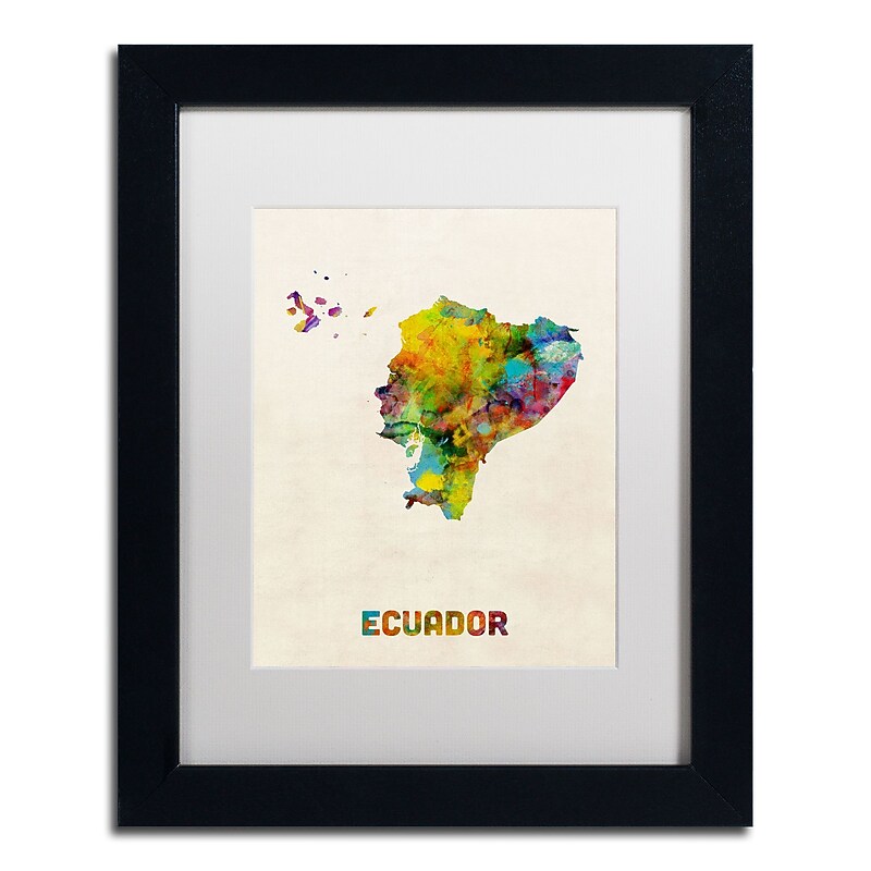 Trademark Fine Art ''Ecuador Watercolor Map'' by Michael Tompsett 11" x 14" White Matted Black Frame (MT0739-B1114MF) image 1