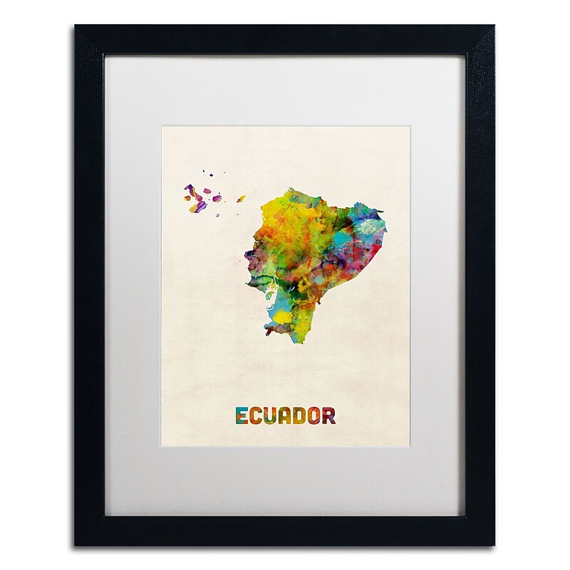 Trademark Fine Art ''Ecuador Watercolor Map'' by Michael Tompsett 16" x 20" White Matted Black Frame (MT0739-B1620MF) image 1