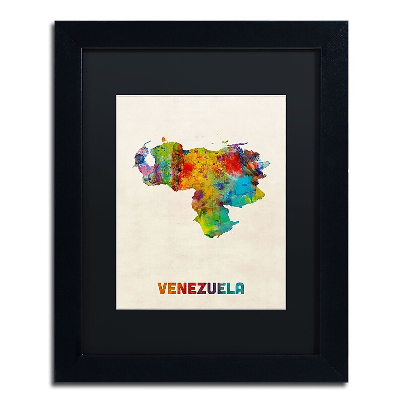 Trademark Fine Art ''Venezuela Watercolor Map'' by Michael Tompsett 11" x 14" Black Matted Black Frame (MT0740-B1114BMF) image 1