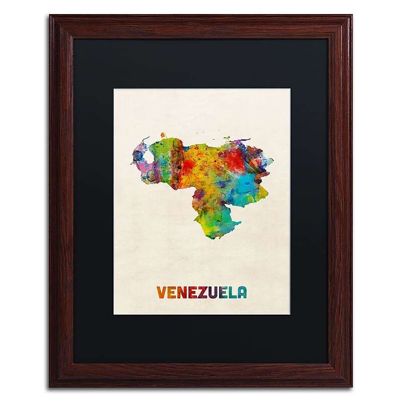Trademark Fine Art ''Venezuela Watercolor Map'' by Michael Tompsett 16" x 20" Black Matted Wood Frame (MT0740-W1620BMF) image 1