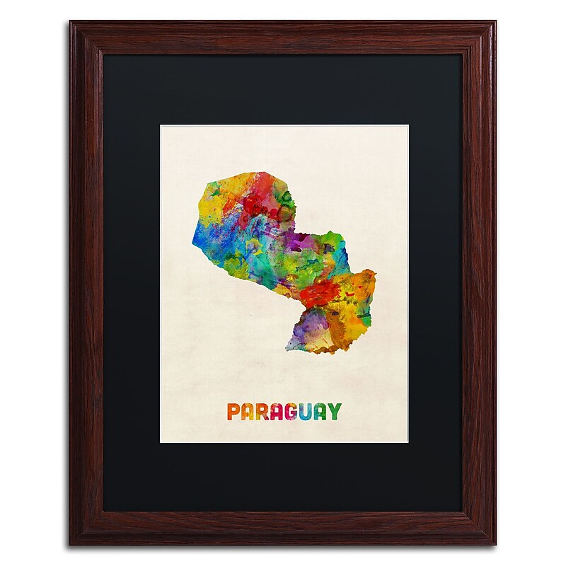 Trademark Fine Art ''Paraguay Watercolor Map'' by Michael Tompsett 16" x 20" Black Matted Wood Frame (MT0742-W1620BMF) image 1