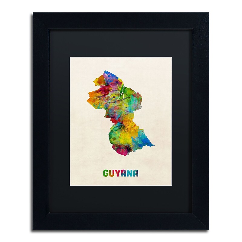 Trademark Fine Art ''Guyana Watercolor Map'' by Michael Tompsett 11" x 14" Black Matted Black Frame (MT0743-B1114BMF) image 1