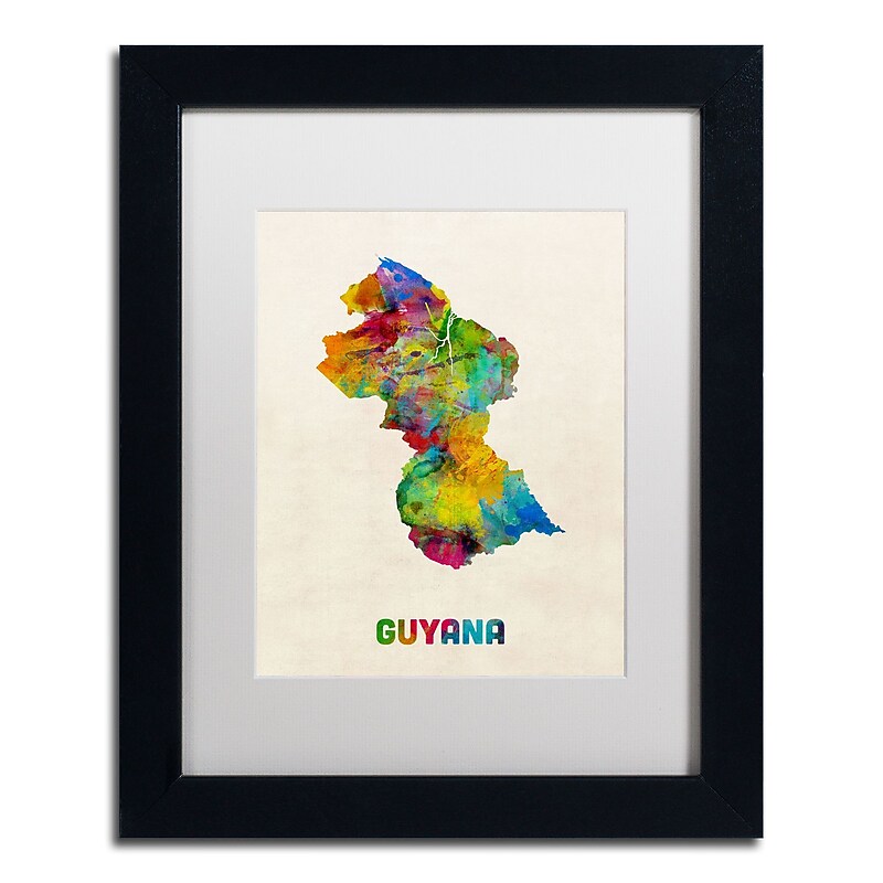 Trademark Fine Art ''Guyana Watercolor Map'' by Michael Tompsett 11" x 14" White Matted Black Frame (MT0743-B1114MF) image 1