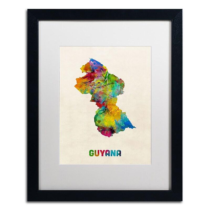 Trademark Fine Art ''Guyana Watercolor Map'' by Michael Tompsett 16" x 20" White Matted Black Frame (MT0743-B1620MF) image 1