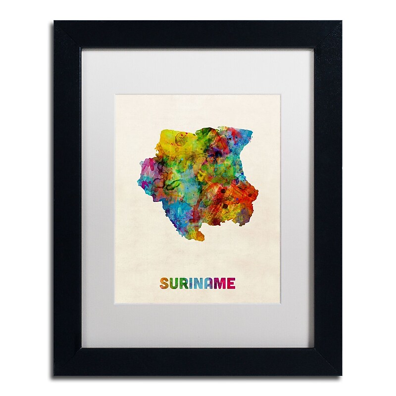Trademark Fine Art ''Suriname Watercolor Map'' by Michael Tompsett 11" x 14" White Matted Black Frame (MT0744-B1114MF) image 1