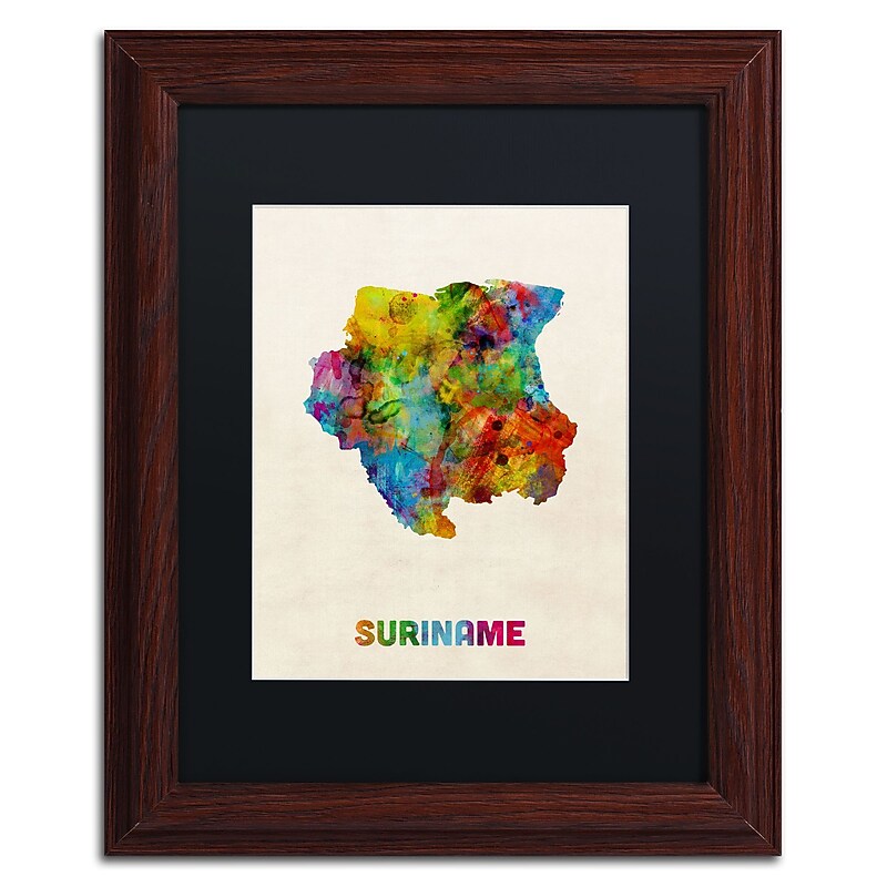 Trademark Fine Art ''Suriname Watercolor Map'' by Michael Tompsett 11" x 14" Black Matted Wood Frame (MT0744-W1114BMF) image 1