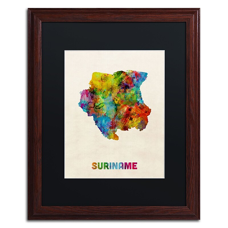 Trademark Fine Art ''Suriname Watercolor Map'' by Michael Tompsett 16" x 20" Black Matted Wood Frame (MT0744-W1620BMF) image 1