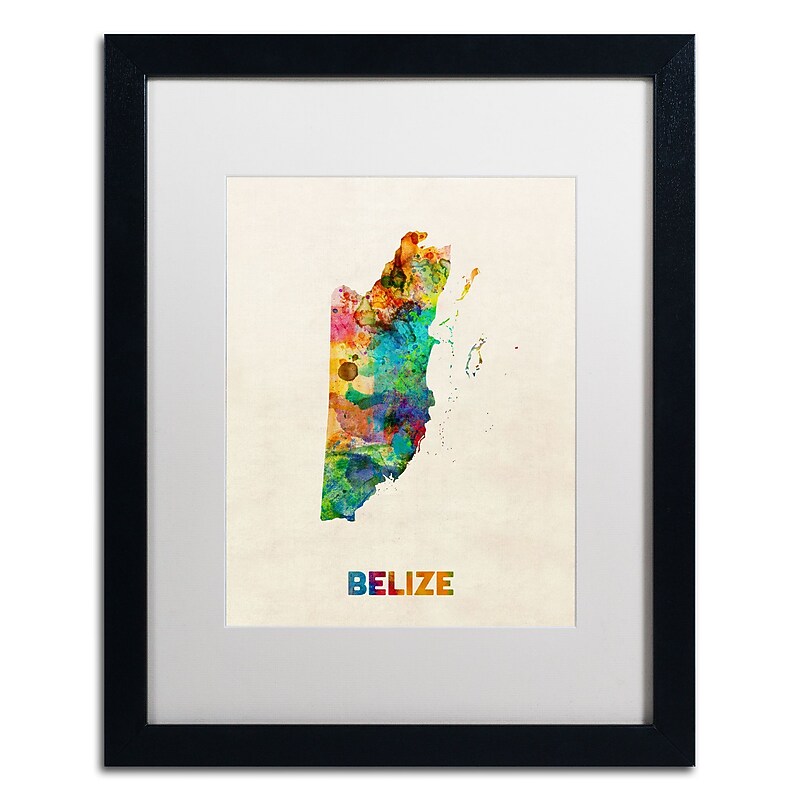 Trademark Fine Art ''Belize Watercolor Map'' by Michael Tompsett 16" x 20" White Matted Black Frame (MT0745-B1620MF) image 1