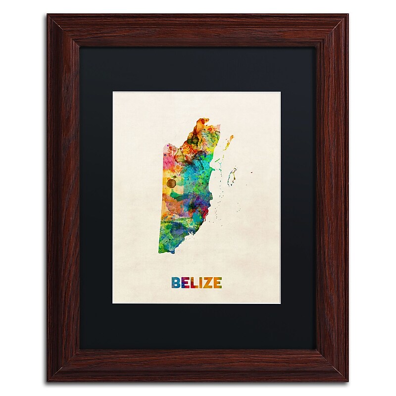 Trademark Fine Art ''Belize Watercolor Map'' by Michael Tompsett 11" x 14" Black Matted Wood Frame (MT0745-W1114BMF) image 1