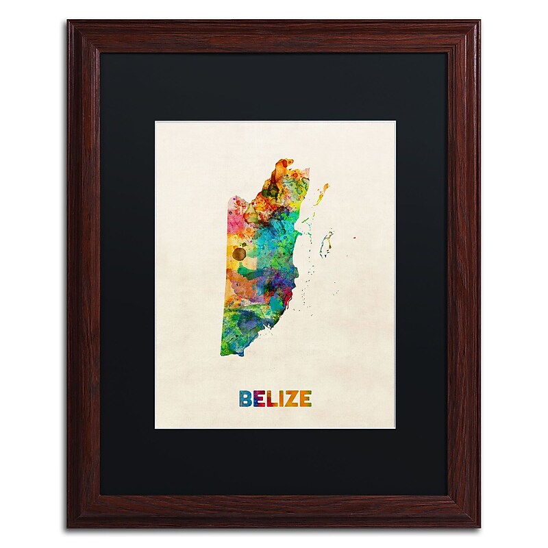 Trademark Fine Art ''Belize Watercolor Map'' by Michael Tompsett 16" x 20" Black Matted Wood Frame (MT0745-W1620BMF) image 1