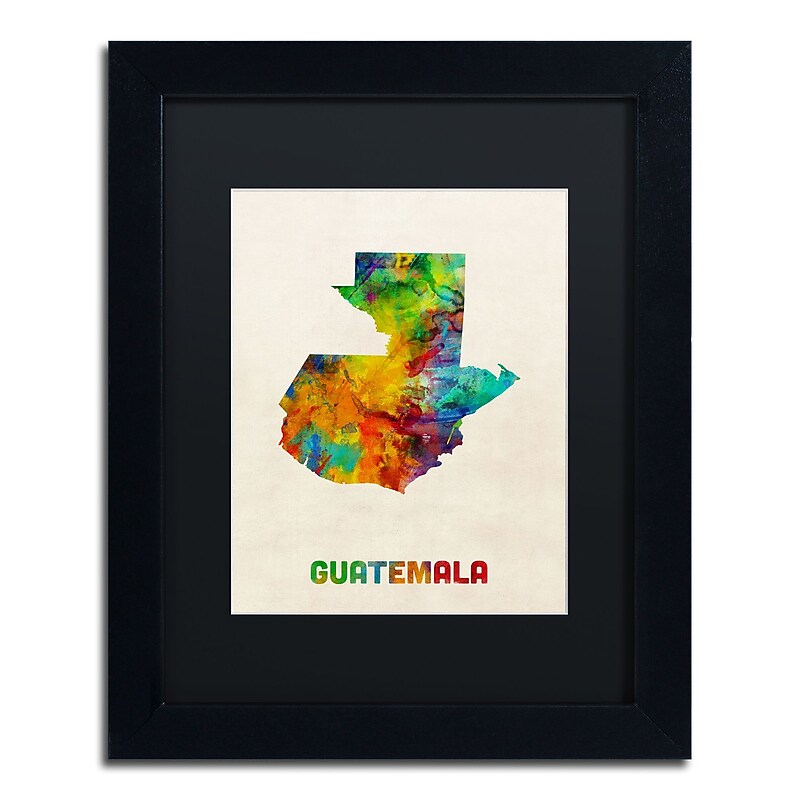 Trademark Fine Art ''Guatemala Watercolor Map'' by Michael Tompsett 11" x 14" Black Matted Black Frame (MT0746-B1114BMF) image 1
