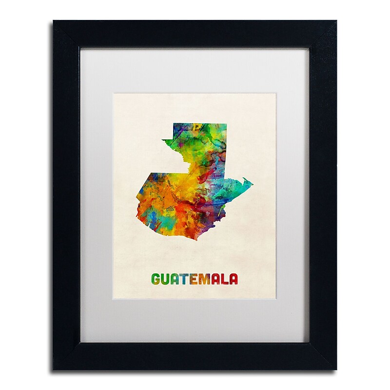 Trademark Fine Art ''Guatemala Watercolor Map'' by Michael Tompsett 11" x 14" White Matted Black Frame (MT0746-B1114MF) image 1