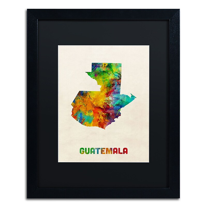 Trademark Fine Art ''Guatemala Watercolor Map'' by Michael Tompsett 16" x 20" Black Matted Black Frame (MT0746-B1620BMF) image 1