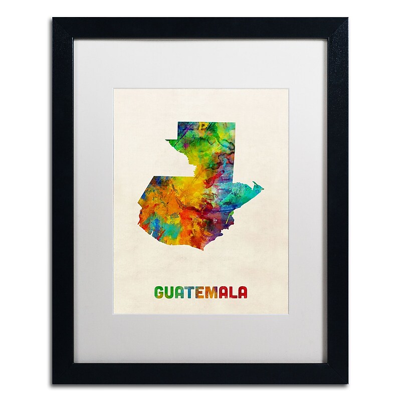 Trademark Fine Art ''Guatemala Watercolor Map'' by Michael Tompsett 16" x 20" White Matted Black Frame (MT0746-B1620MF) image 1