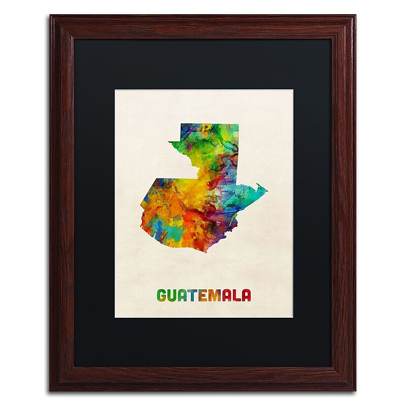 Trademark Fine Art ''Guatemala Watercolor Map'' by Michael Tompsett 16" x 20" Black Matted Wood Frame (MT0746-W1620BMF) image 1