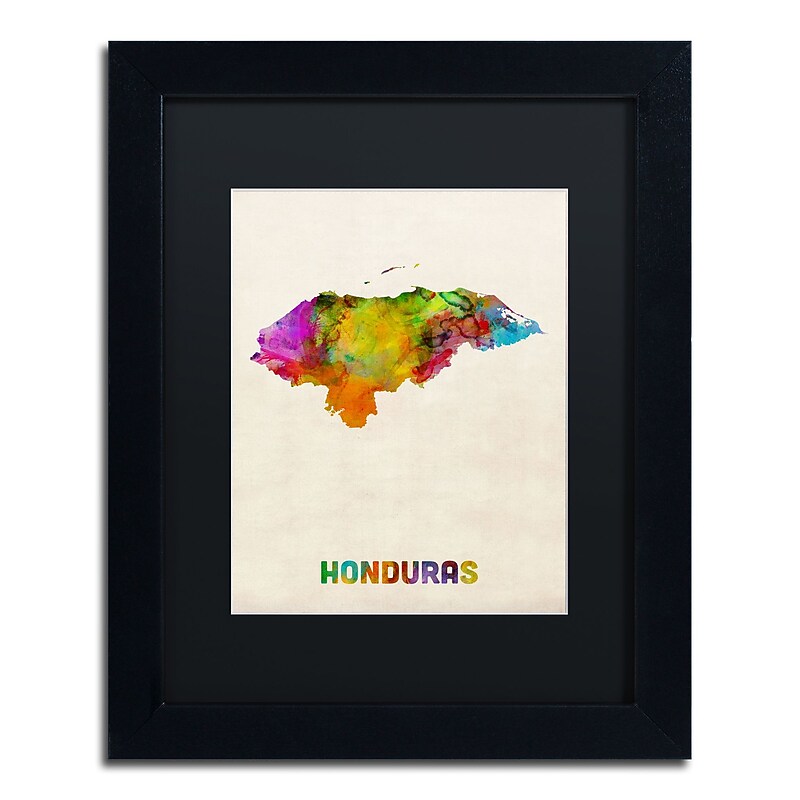 Trademark Fine Art ''Honduras Watercolor Map'' by Michael Tompsett 11" x 14" Black Matted Black Frame (MT0748-B1114BMF) image 1