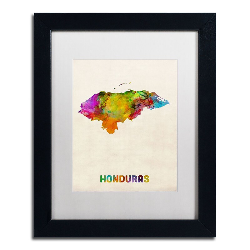 Trademark Fine Art ''Honduras Watercolor Map'' by Michael Tompsett 11" x 14" White Matted Black Frame (MT0748-B1114MF) image 1