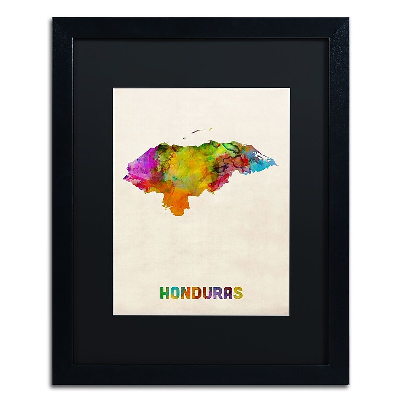 Trademark Fine Art ''Honduras Watercolor Map'' by Michael Tompsett 16" x 20" Black Matted Black Frame (MT0748-B1620BMF) image 1