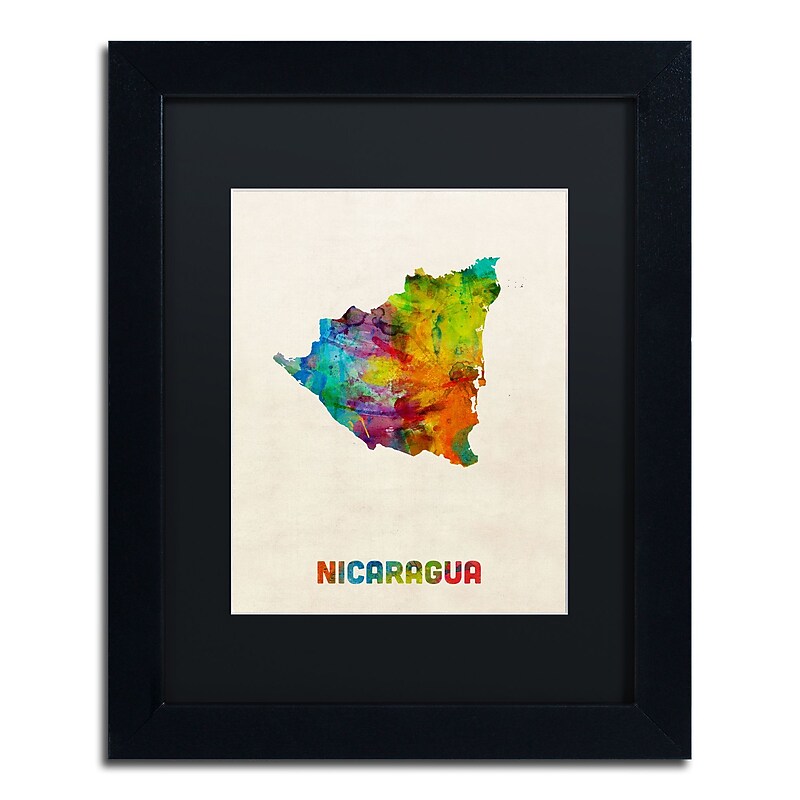 Trademark Fine Art ''Nicaragua Watercolor Map'' by Michael Tompsett 11" x 14" Black Matted Black Frame (MT0749-B1114BMF) image 1
