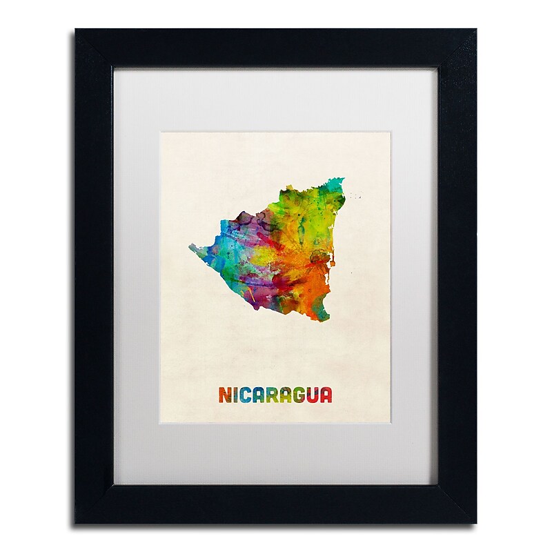 Trademark Fine Art ''Nicaragua Watercolor Map'' by Michael Tompsett 11" x 14" White Matted Black Frame (MT0749-B1114MF) image 1