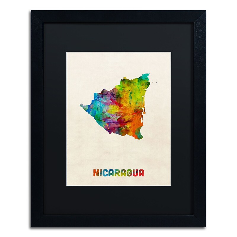 Trademark Fine Art ''Nicaragua Watercolor Map'' by Michael Tompsett 16" x 20" Black Matted Black Frame (MT0749-B1620BMF) image 1