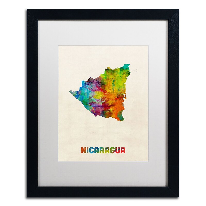 Trademark Fine Art ''Nicaragua Watercolor Map'' by Michael Tompsett 16" x 20" White Matted Black Frame (MT0749-B1620MF) image 1