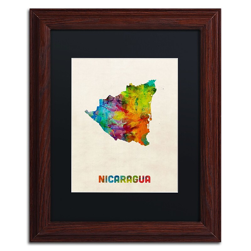 Trademark Fine Art ''Nicaragua Watercolor Map'' by Michael Tompsett 11" x 14" Black Matted Wood Frame (MT0749-W1114BMF) image 1