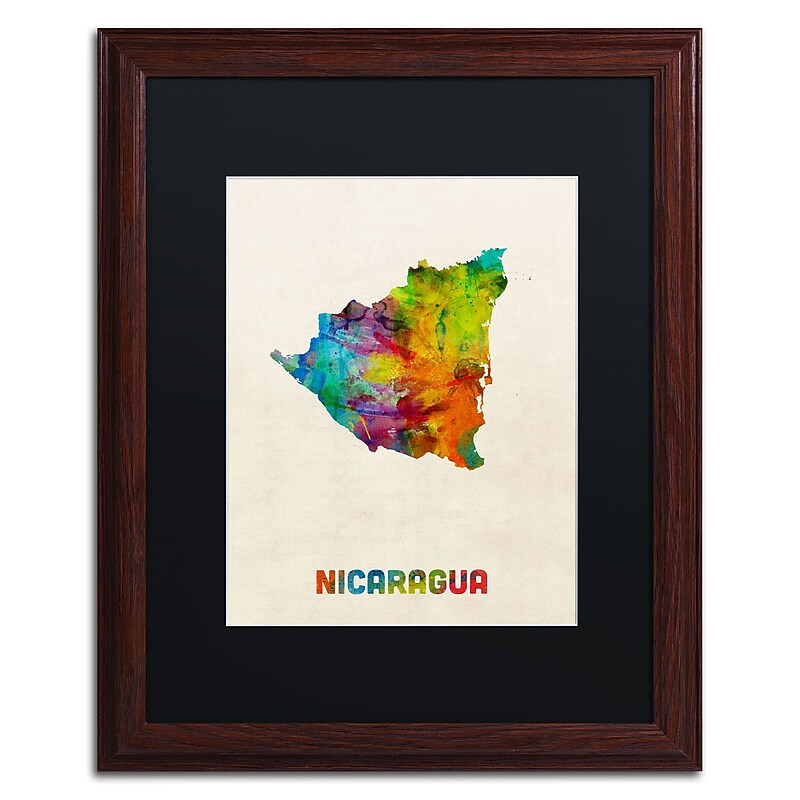 Trademark Fine Art ''Nicaragua Watercolor Map'' by Michael Tompsett 16" x 20" Black Matted Wood Frame (MT0749-W1620BMF) image 1